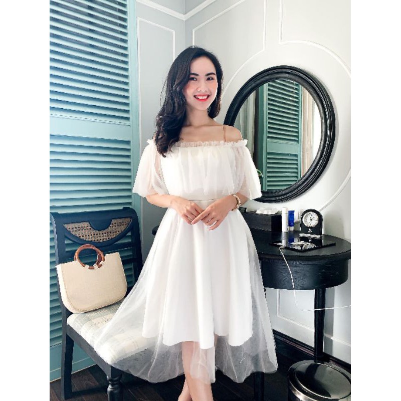 Váy trắng dự tiệc tiểu thư trễ vai Lovely Dress dáng xòe- Nàng Home ,đi cưới và dự tiệc chụp ảnh kỷ yếu