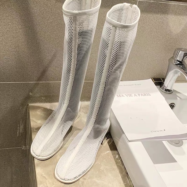 Sz 35-40 Boots đùi lưới phối viền bóng, gót gương 4cm