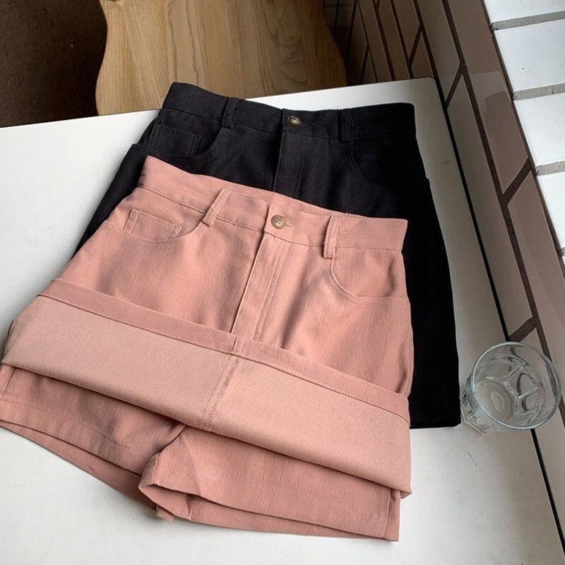 Chân váy chữ A kaki 2 lớp quần trong hồng pastel đen