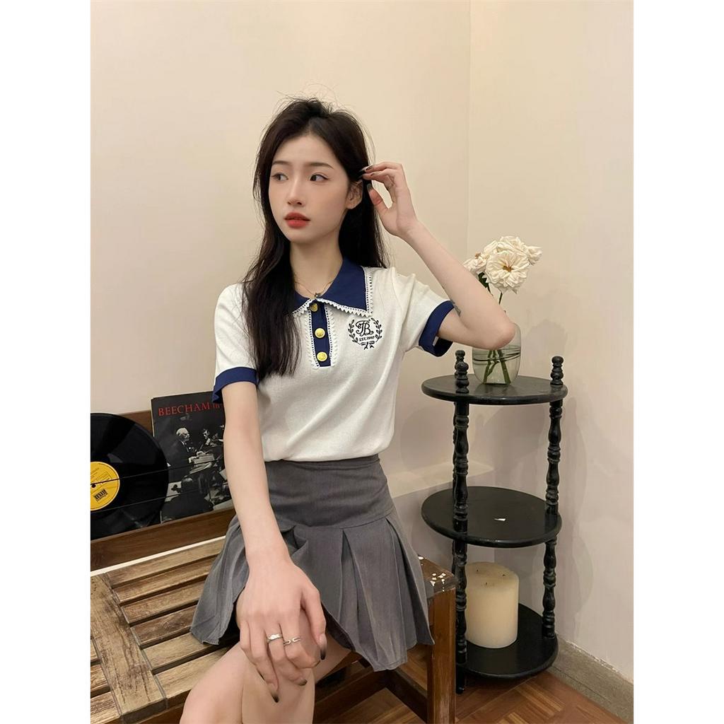 ZHELIHANGFEI Áo polo Dệt Kim Tay Ngắn Thêu Họa Tiết Phong Cách Pháp Thời Trang Cho Nữ