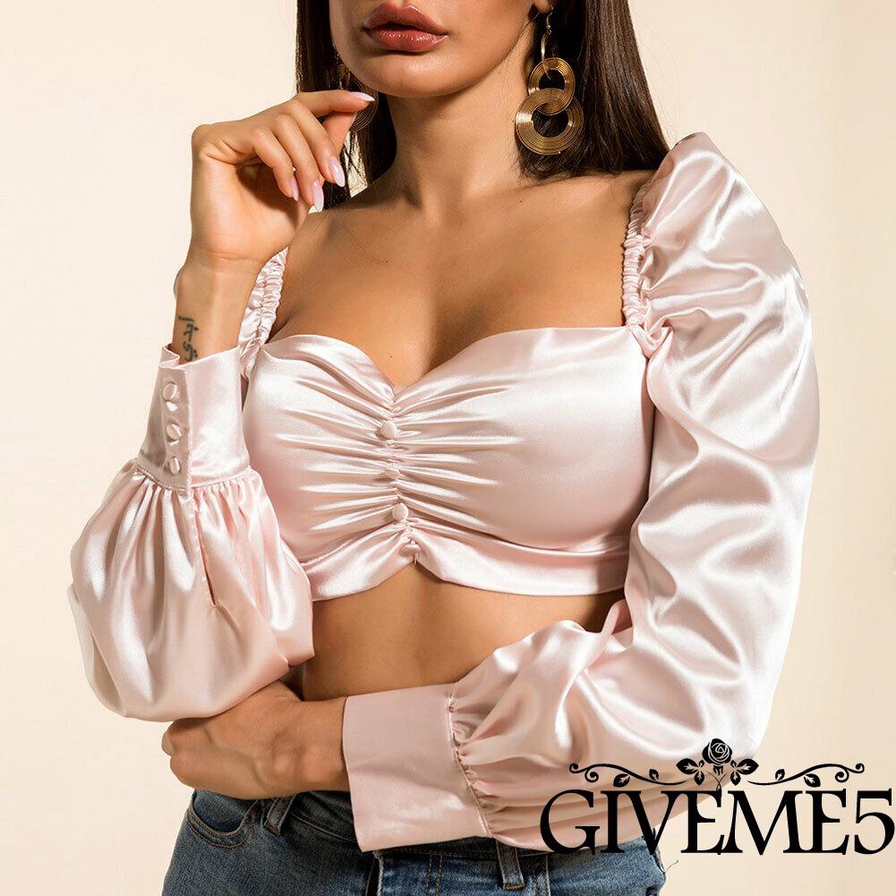 ❣TOP☞Women´s Sexy Pink Slim Puff Sleeve Short Backless Wrap Chest Button Crop Tops 2019