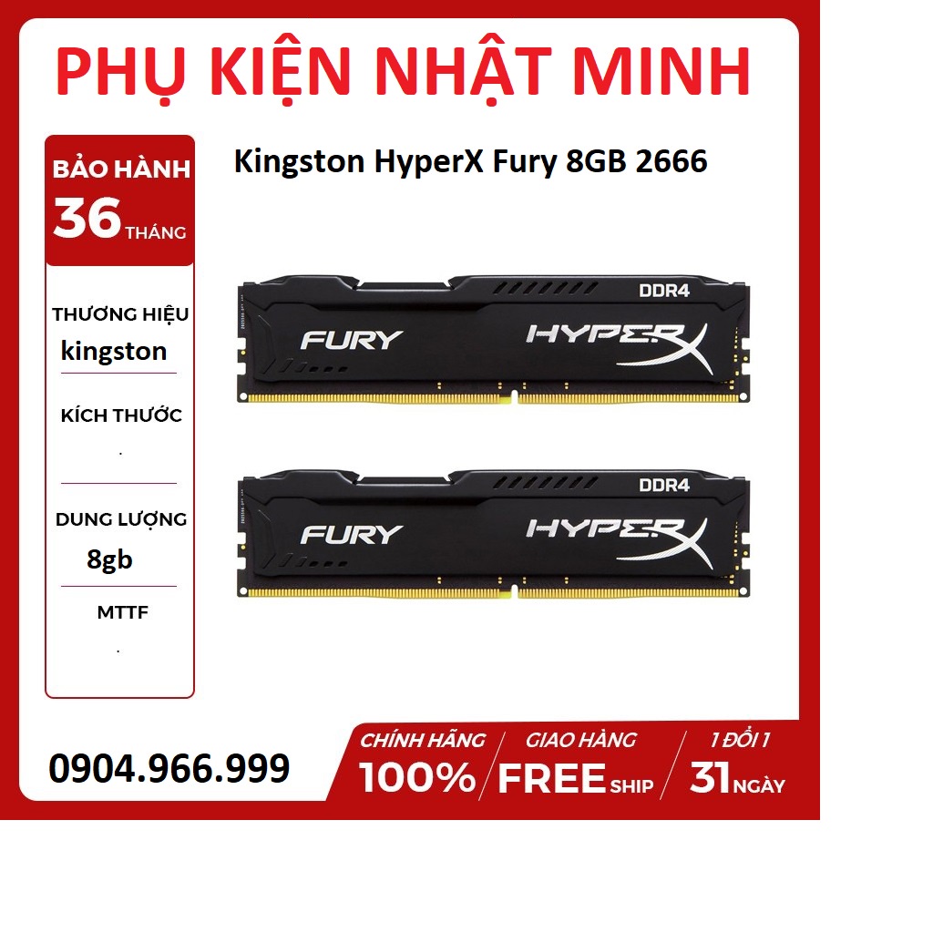 [HÀNG XỊN TEM VSP] Ram PC Kingston HyperX Fury Black 8GB Bus 2666/ bus 3200 DDR4 - Đẳng cấp đến từ thương hiệu BH 3 NĂM