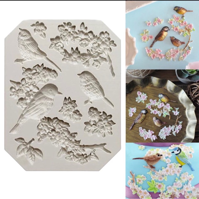 Khuôn silicon làm fondant,trung thu hiện đại hình con chim cây,lá( KHUÔN CAO CÂP DÀY KHÔNG MÙI)