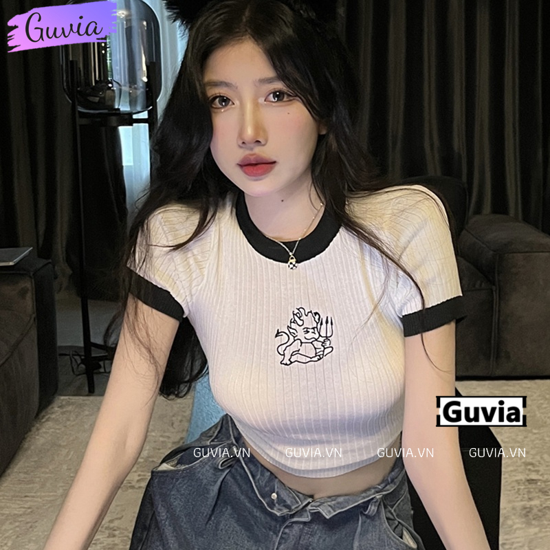 Áo Croptop Ôm Body Nữ DEVIL THÊU Cổ Tròn Tay Ngắn, Áo Thun Croptop Kiểu In Họa Tiết GUVIA CR93