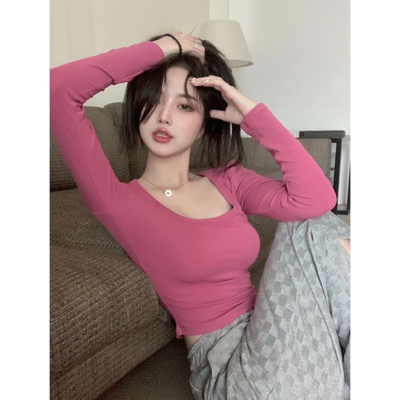 Áo thun ôm cổ chữ u tay dài màu hồng gợi cảm cho nữ