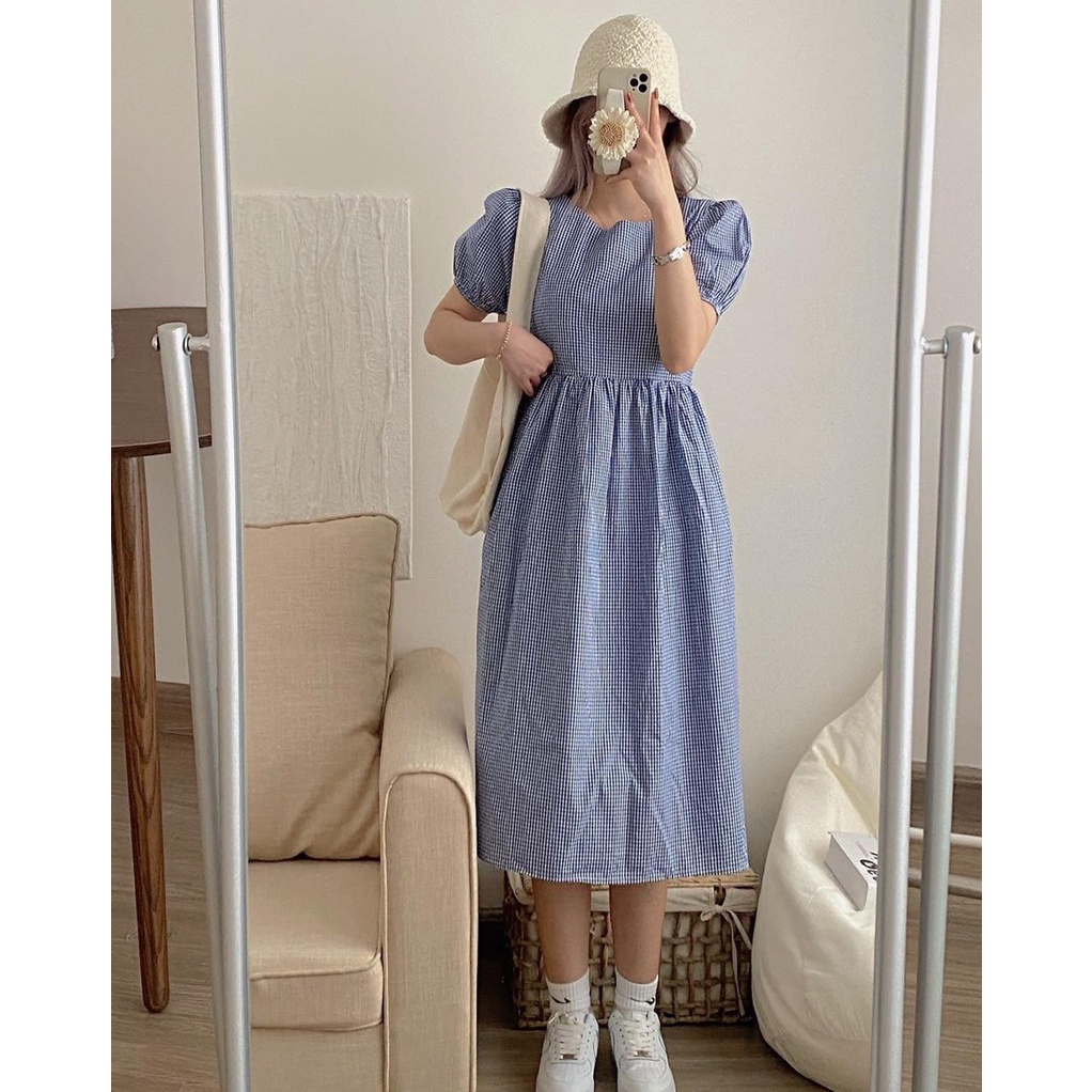 Đầm babydoll caro thiết kế tay bồng nhẹ form dài tone màu Basic