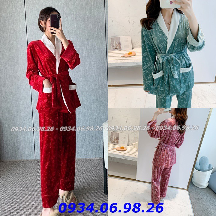 Đồ bộ mặc nhà cao cấp - Bộ ngủ quần dài tay dài mùa đông kiểu dáng pijama cột dây chất nhung siêu sang đẹp