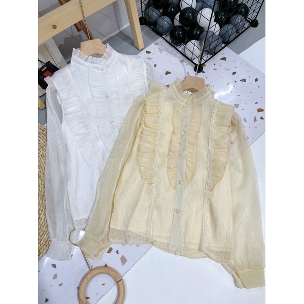 Áo Sơ Mi Nữ Ms.0261 Áo Thiết Kế Cổ Tàu Phối Vèo, Dáng Suông Tay Dài Chất Tơ Nhũ Hai Lớp Sang Chảnh