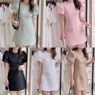 Đầm xốp tay phồng dáng suông trắng/đen/hồng/nâu/xanh
