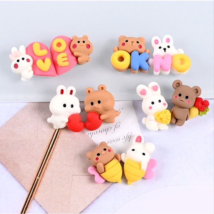 Charm Thỏ Bông Trắng Và Gấu Nâu Ok - No Cho Các Bạn Trang Trí Jibbitz, Vỏ Ốp Điện Thoại, Diy