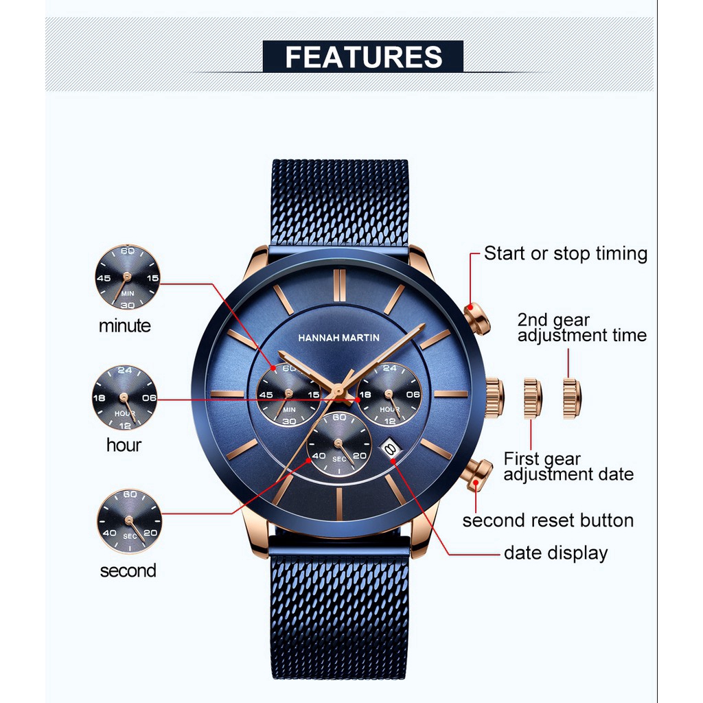 Đồng hồ NAM Men's Watches Hannah Martin 100% Original Fashion Casual Chronograph Aktif Waterproof Quartz Stainless steel mesh Boy Watch COD Gentleman Wrist watches Ready Stock Holiday Gift 120M