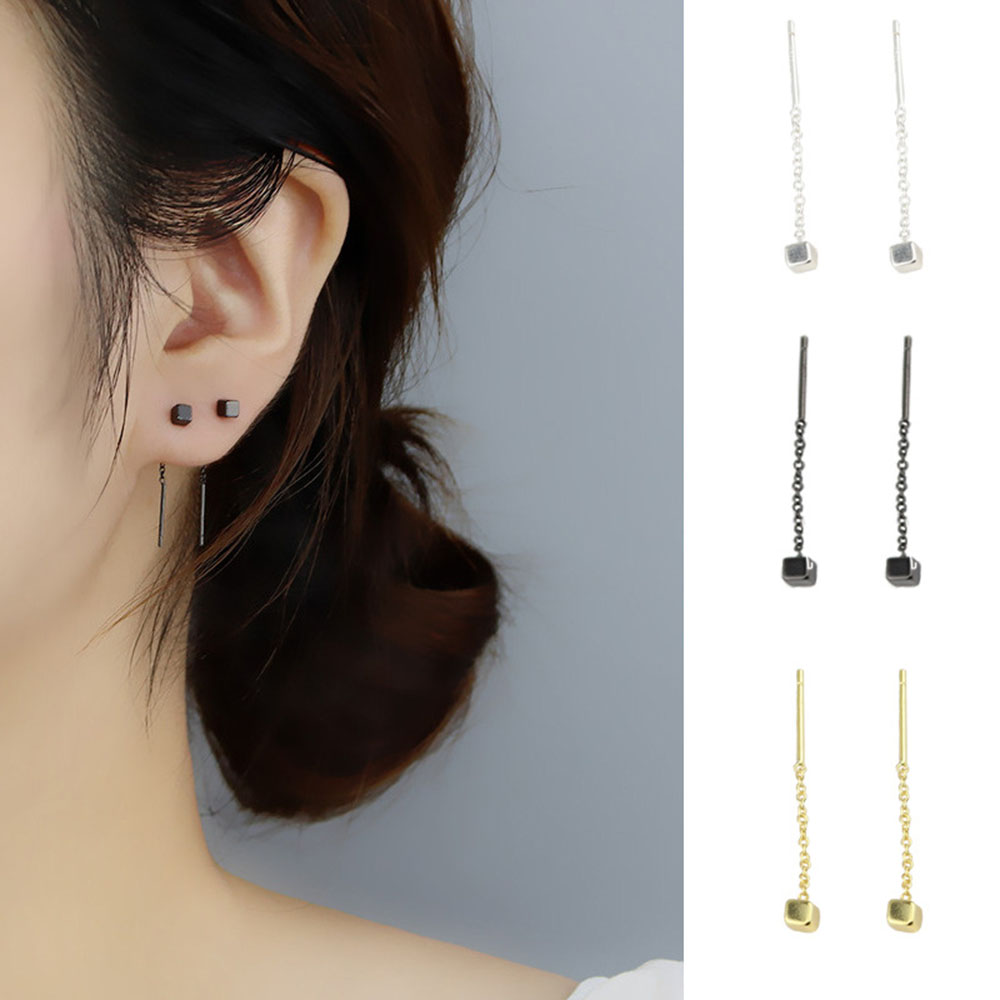 Khuyên tai dáng dài phối mặt vuông nhỏ xinh cá tính