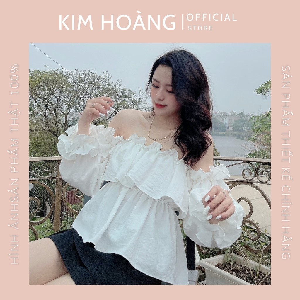 Áo Trễ Vai Croptop Kim Hoàng Clothing Bèo Nhún Tay Dài (Linen Top)