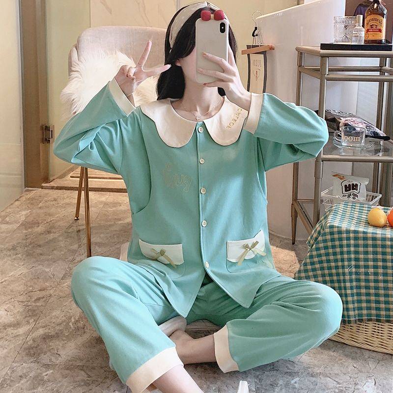 Bộ Đồ Ngủ Mỏng Thấm Hút Mồ Hôi Thời Trang Xuân Thu Cho Mẹ Bầu