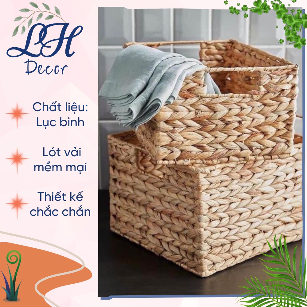 Khay lục bình ⚡ SALE SỐC ⚡ Giỏ lục bình size L có nắp, có lót vải, đan chắc chắn tỉ mỉ
