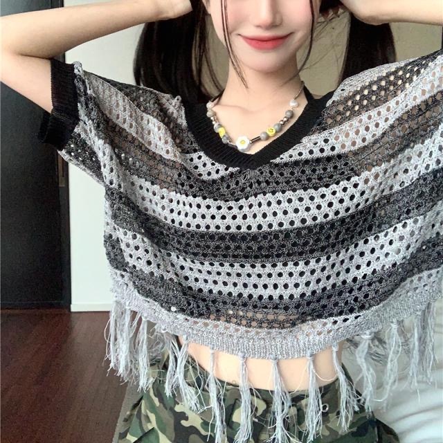 Áo dệt kim ZHELIHANGFEI cổ chữ V dáng rộng kẻ sọc phối tua rua gợi cảm