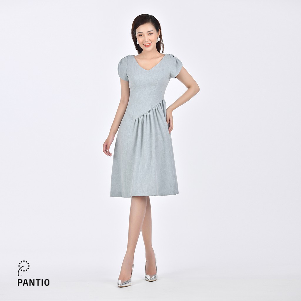 Đầm dạo phố vải thô đũi, kiểu dáng suông, tay phồng, chân váy xếp li bất đối xứng FDP32697 - PANTIO