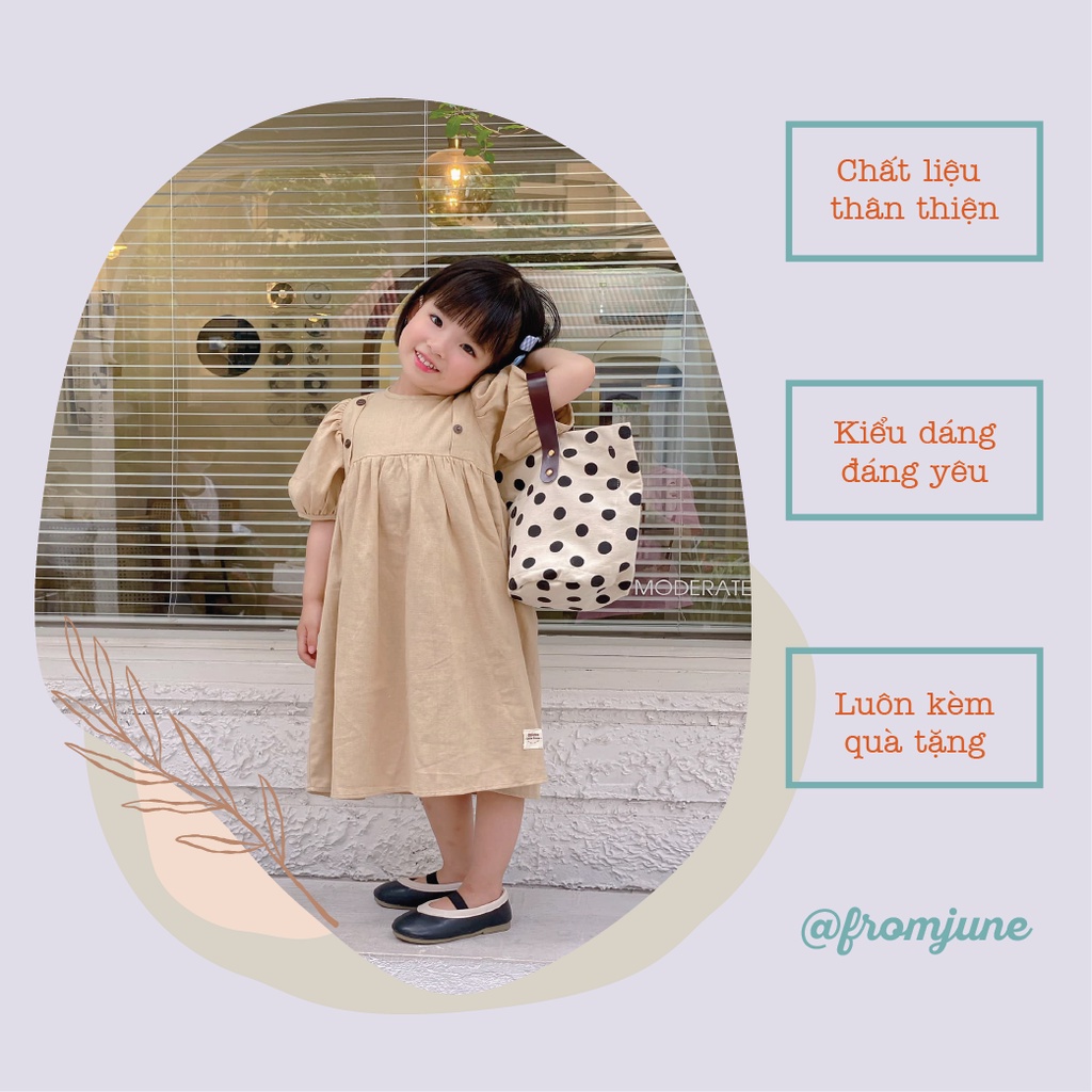 Đầm bé gái/ váy bé gái linen màu nâu đính nút vintage