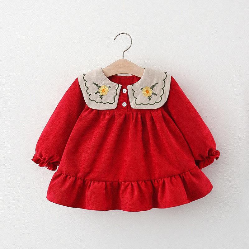 Đầm babydoll bé gái dài tay váy giáng sinh cho bé MINTSCLOSET Mint's Closet màu đỏ 1 2 3 4 tuổi - GV0092