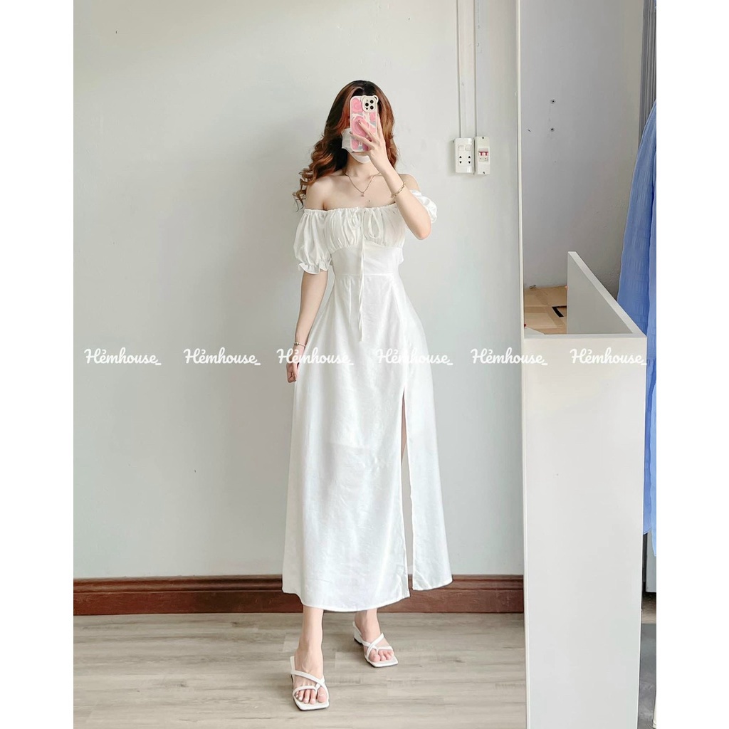Đầm nữ công chúa dự tiệc, váy thiết kế dáng dài xẻ tà,đầm trắng bèo ngực rớt vai cột dây yếm cổ tiểu thư, sang chảnh
