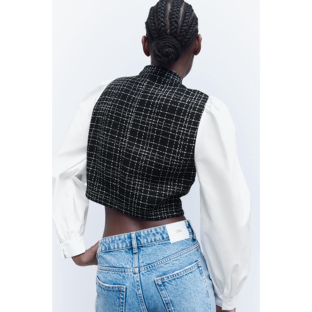 Made in Morocco - Áo Zara Sơ Mi Tay Dài Dáng Ngắn Phối áo gile karo AK07SMG45N9