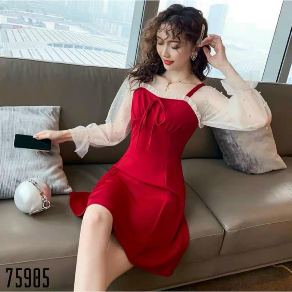 < size M, L, XL > Đầm nữ dáng xòe thiết kế đáng yêu chất thun Umi phối tay voan trắng đính ngọc. | BigBuy360 - bigbuy360.vn