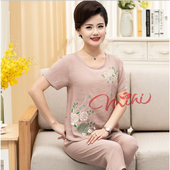 Bộ đồ trung niên nữ B56 Đũi hoa - Quần áo ngủ mặc nhà cho mẹ, người lớn tuổi - Thời trang đẹp mùa hè giá rẻ Bigsize