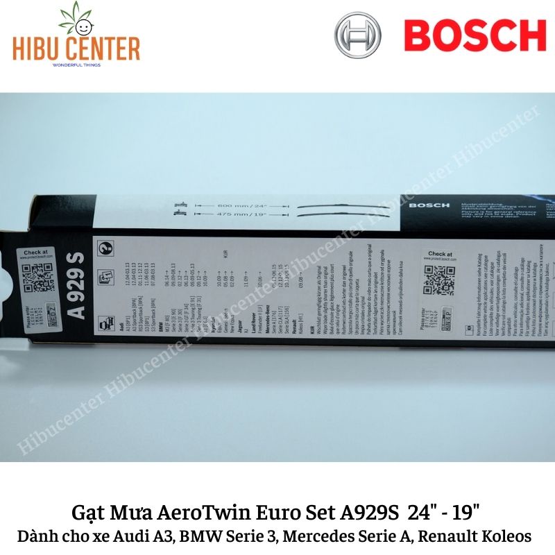 Gạt Mưa BOSCH AeroTwin Euro Set A929S Kích thước 24”/60cm – 19”/47.5cm | Dành cho Xe Audi A3, BMW Serie3, Renault Koleos