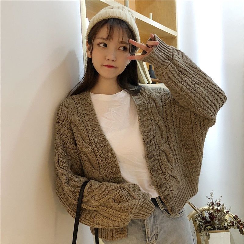 Áo Khoác Cardigan Dệt Kim Cổ Chữ V Dáng Rộng Phong Cách Retro Hàn Quốc