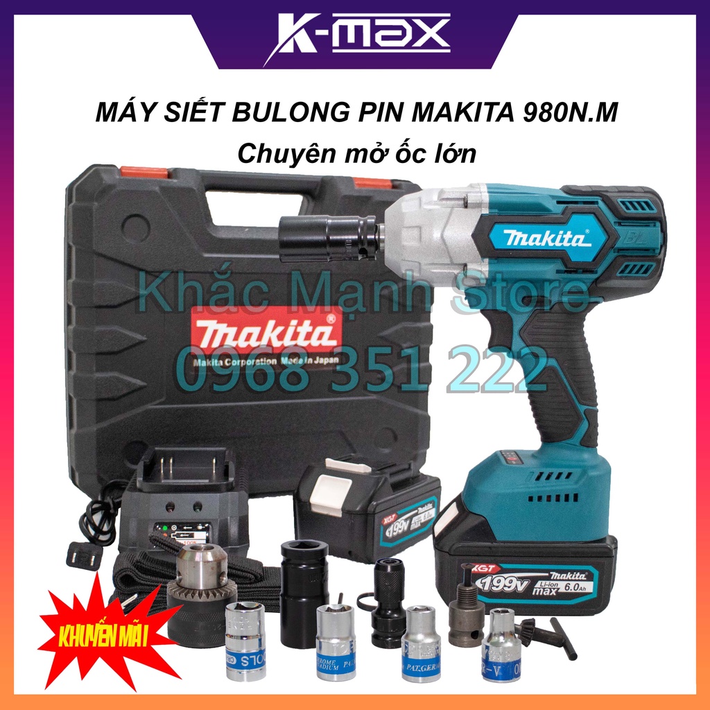 (Tặng Phụ Kiện) Máy Siết Bulong MAKITA 199v Lực Siết 980N.m, Chuyên Mở Ốc Lớn, Tặng Bộ Đầu Chuyển Kèm 5 Khẩu