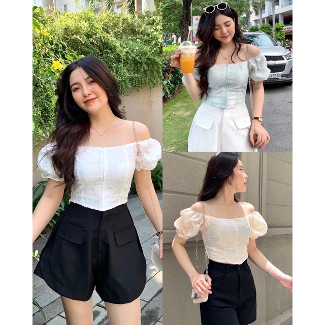 Áo croptop mặc 2 kiểu màu trắng, xanh và kem Oxy Design