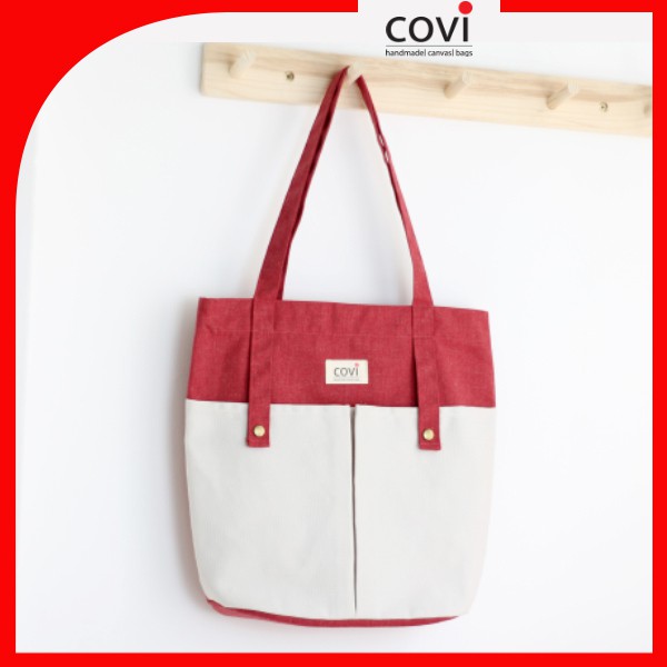 Túi vải canvas, túi tote đựng giấy A4 phom đứng phối 2 nút trước thời trang COVI nhiều màu sắc T8