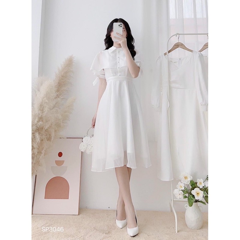 Đầm voan trắng xoè khoét tay nơ tiên kèm ảnh thật siêu hot