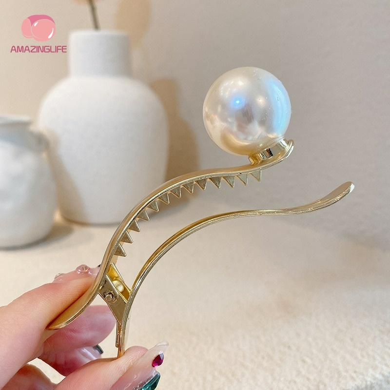 Kẹp Tóc Đính Ngọc Trai Bằng Kim Loại Màu Vàng/Bạc/Bạc Thiết Kế Hình Học Thanh Lịch Thời Trang Cho Nữ