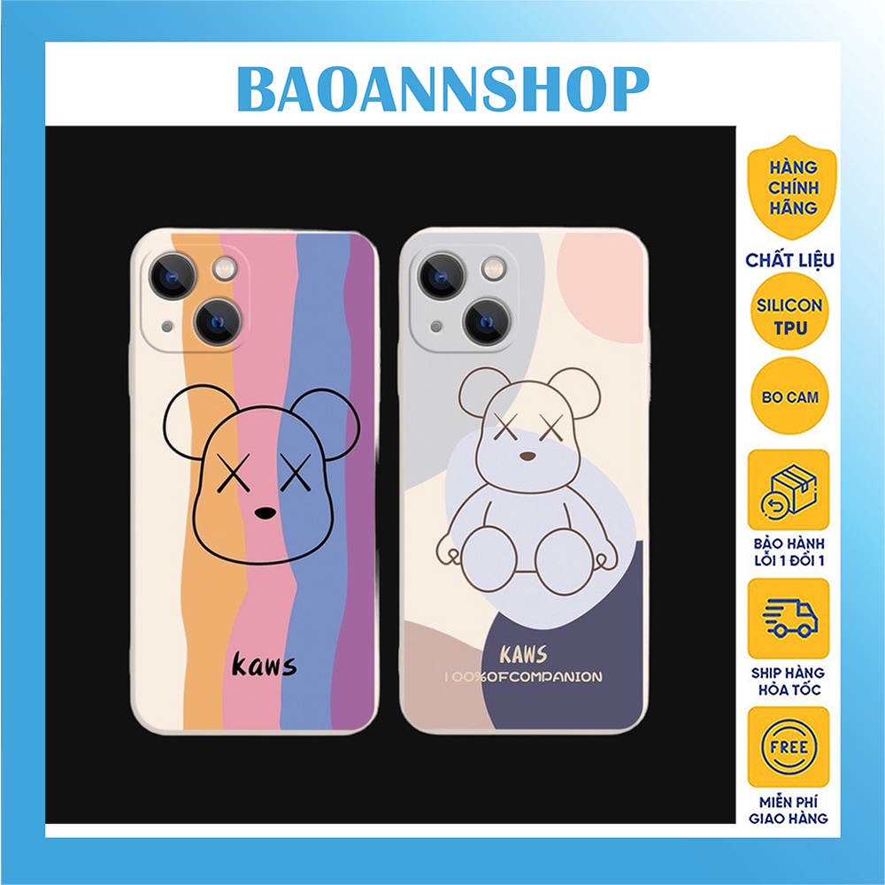 Ốp lưng iphone hình gấu kaws may mắn dẻo cạnh vuông bảo vệ camera  7plus/8plus/x/xs/xsmax/11/12/13/pro/promax