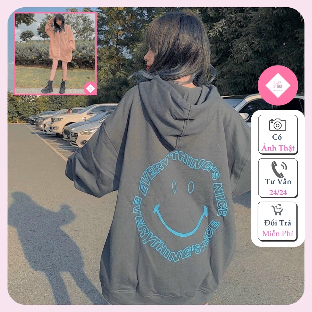 Áo Khoác Nỉ Bông in mặt cười Everything.Nice Form rộng Unisex Nam Nữ Couple