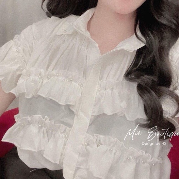 Áo sơmi trắng nhún bèo tầng ngắn tay đính ngọc xinh xẻo xa hoa A116 Nội Y Xanh hàng đẹp trendy - nội y xanh