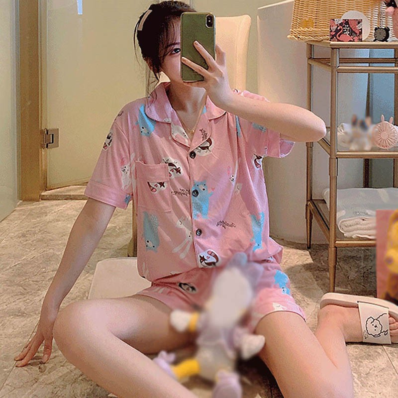 Bộ Đồ Ngủ Tay Ngắn Dáng Rộng Thời Trang Mùa Hè Cho Nữ