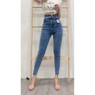 Quần jean dài lưng kiểu siêu cao co giãn nút hông shop phương châu