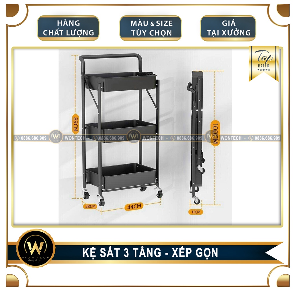 Xe Đẩy (Kệ) Dụng Cụ 3 Tầng Xếp Gọn Dùng Cho Spa.