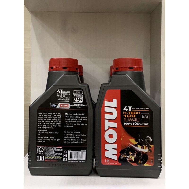 Nhớt XE SỐ Motul H-Tech 100, 1L, SAE 10W40, API SN, JASO MA2, 100% Tổng Hợp