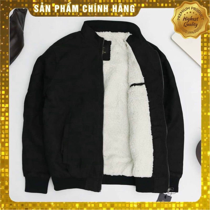 Áo khoác da lộn nam lót lông cừu cổ cao bomber đẹp cao cấp hàng hiệu mặc thu đông siêu ấm áp