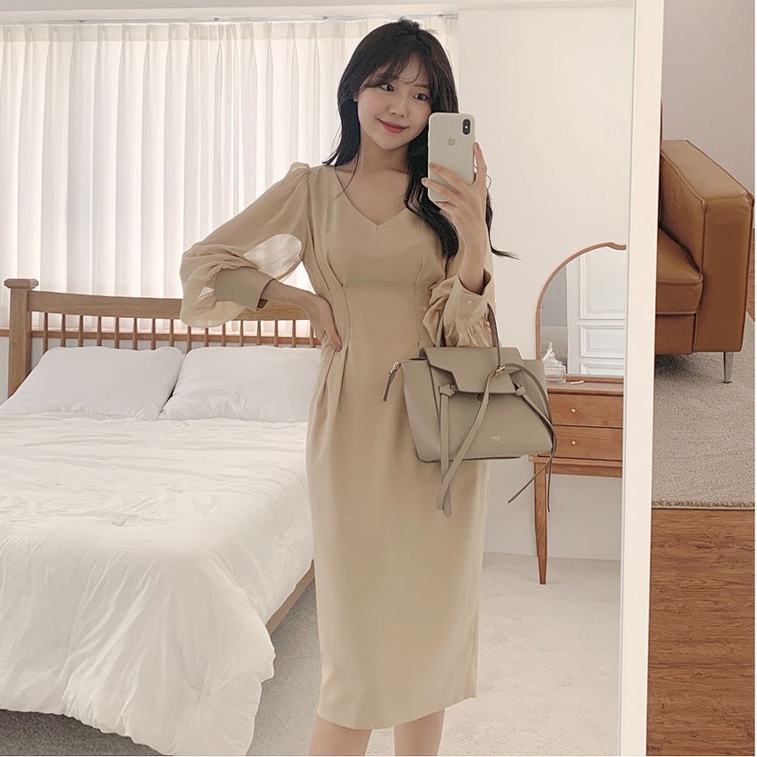 Đầm Dài Tay Cổ Chữ V Thiết Kế Mới Thanh Lịch 45664