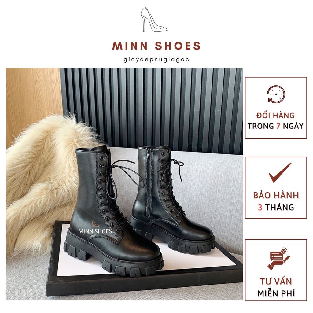 Bốt dây cổ cao 20cm ulzzang khóa kéo đế vuông 5cm 2 màu đen trắng thời trang thu đông 2021 (B3) | BigBuy360 - bigbuy360.vn