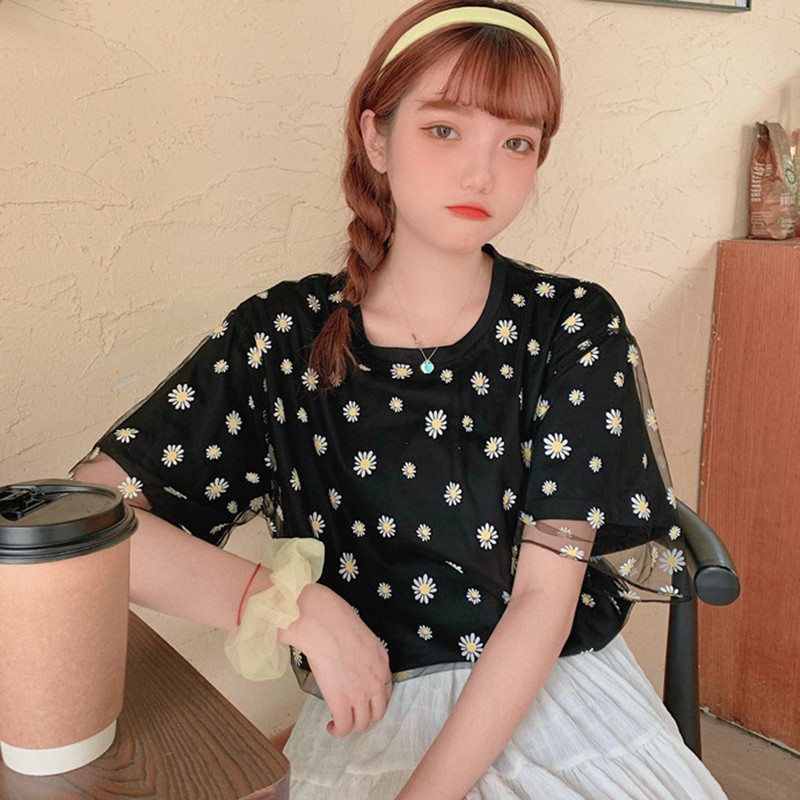 Summer Women Short Sleeve O-Neck Printed Mesh Tee Tops T Shirt Loose Daisy Tops | BigBuy360 - bigbuy360.vn