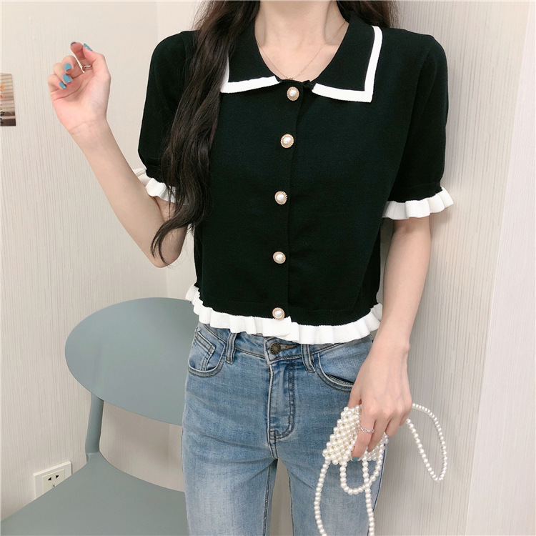 Áo Croptop Dệt Kim Cổ Búp Bê Phối Nút Ngọc Trai Thời Trang Dễ Thương Cho Nữ