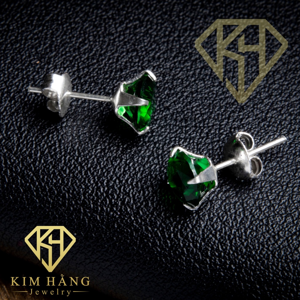 Khuyên Tai Bạc Nụ Tròn Đá Xanh Lá KHJER074- Chốt Đẩy