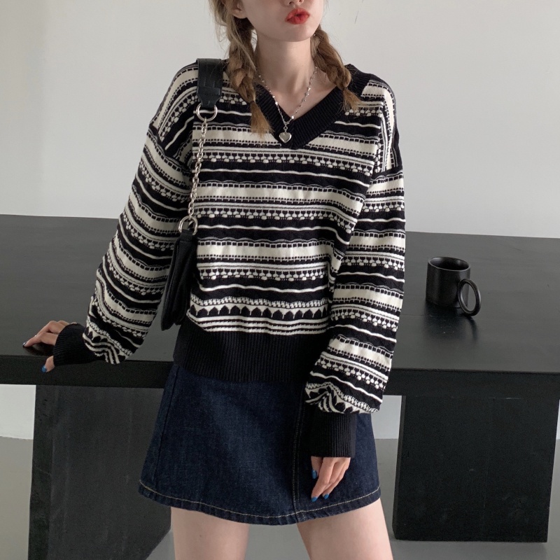 Áo Sweater dáng rộng họa tiết kẻ sọc thiết kế mới thời trang mùa thu đông theo phong cách hàn quốc dành cho nữ
