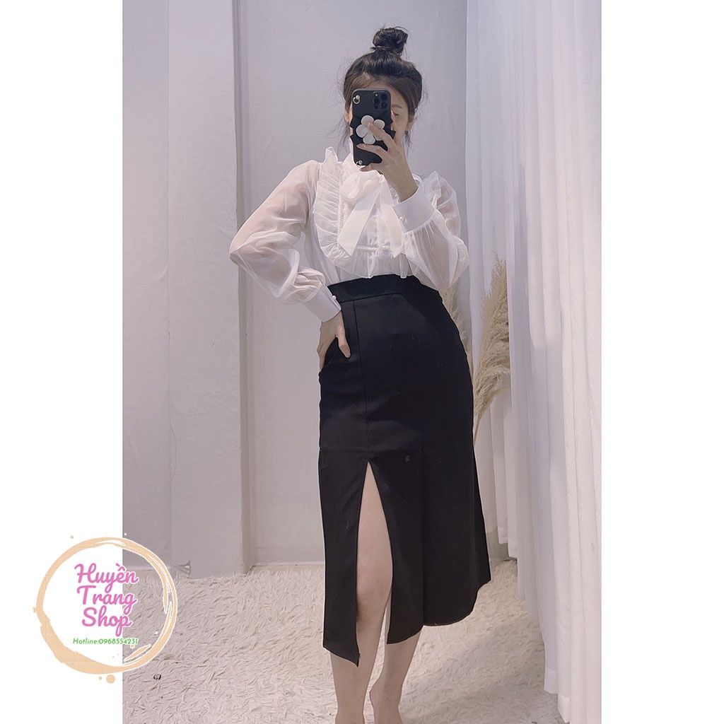 Áo sơ mi tơ mặt trước 2 lớp mặt sau 1 lớp + Chân váy xẻ | BigBuy360 - bigbuy360.vn