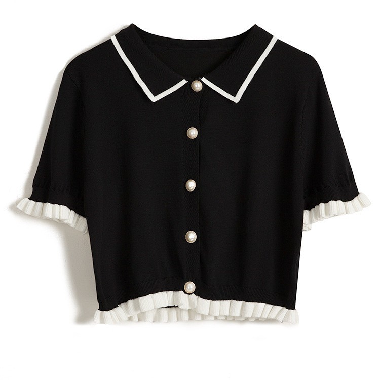 Áo Ulzzang nữ dáng croptop cổ Polo chất len tăm đen viền trắng độc đáo phong cách Hàn Quốc C23 - Maoshop